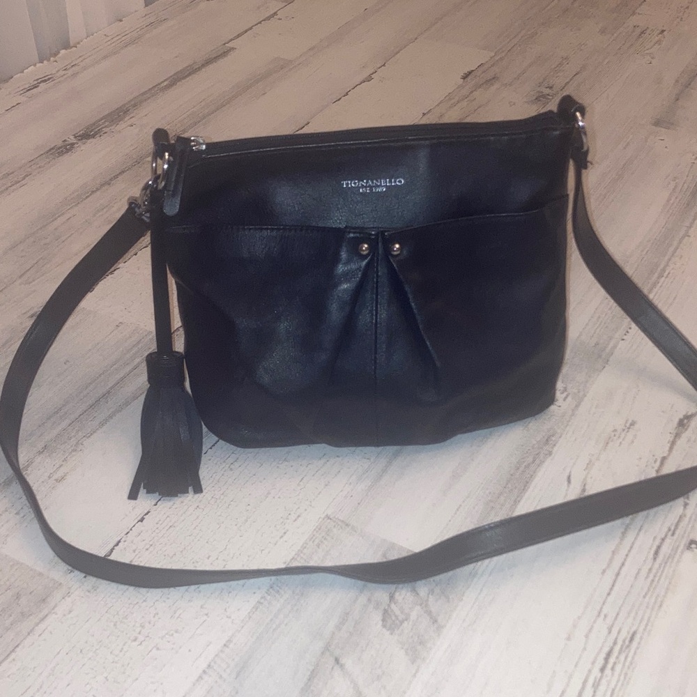 Genuine Tignanello Leather Elegant Black Crossbody Bag